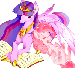 Size: 1310x1199 | Tagged: safe, artist:木瓜papaya, pinkie pie, twilight sparkle, alicorn, earth pony, pony, g4, book, female, mare, older, older twilight, older twilight sparkle (alicorn), simple background, sleeping, twilight sparkle (alicorn), white background