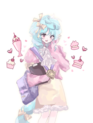 Size: 1895x2513 | Tagged: safe, artist:yisuya280, cozy glow, human, g4, backpack, blouse, blushing, cake, clipboard, clothes, cupcake, dress, food, heart, humanized, looking at you, open mouth, simple background, solo, tail, tailed humanization, white background