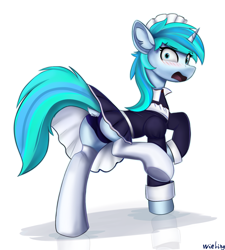 Size: 1800x2000 | Tagged: safe, artist:weiling, oc, oc only, pony, unicorn, black background, blush lines, blushing, butt, clothes, cute, dock, horn, looking back, maid, open mouth, panties, plot, simple background, skirt, solo, standing on two hooves, tail, underwear, upskirt