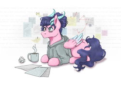 Size: 4961x3508 | Tagged: safe, artist:delfinaluther, oc, pegasus, pony, blue mane, chocolate, food, genderfluid, horns, hot chocolate, insanity, paper, solo, wings