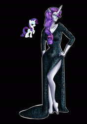 Size: 1920x2723 | Tagged: safe, artist:witchygoths, rarity, human, unicorn, anthro, g4, alternate hairstyle, barefoot, black background, clothes, dress, elf ears, eyeshadow, feet, female, horn, horned humanization, humanized, makeup, mare, pony coloring, simple background, solo