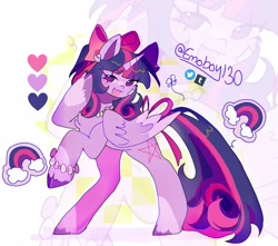 Size: 2088x1846 | Tagged: safe, artist:emoboy130, twilight sparkle, alicorn, pony, g4, :3, abstract background, alternate cutie mark, alternate design, alternate hairstyle, bandaid, bow, chest fluff, coat markings, color palette, colored eartips, colored hooves, colored horn, colored pinnae, colored wings, colored wingtips, coquette, ear fluff, ear piercing, earring, facial markings, female, folded wings, hair bow, horn, jewelry, long mane, long tail, looking away, mare, multicolored mane, multicolored tail, necklace, open mouth, open smile, pearl necklace, piercing, ponytail, purple coat, purple eyes, rainbow, rearing, shiny hooves, shiny mane, shiny tail, signature, smiling, snip (coat marking), socks (coat markings), solo, tail, tied mane, twilight sparkle (alicorn), two toned wings, unicorn horn, unshorn fetlocks, wingding eyes, wings, zoom layer