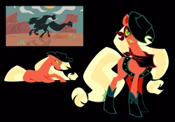 Size: 1251x870 | Tagged: safe, artist:partyponypower, applejack, earth pony, pony, eternal night au (janegumball), g4, alternate universe, angry, applejack's hat, bandana, bandit mask, black background, blonde mane, blonde tail, boots, clothes, colored eyelashes, colored pinnae, colored sclera, colored teeth, cowboy boots, cowboy hat, desert, domino mask, eye clipping through hair, female, freckles, frown, green eyes, green sclera, green teeth, hat, hoof boots, hoof shoes, long mane, long tail, lying down, mare, mask, narrowed eyes, neckerchief, nightmare applejack, nightmarified, orange coat, ponytail, prone, red eyelashes, running, scowl, sharp teeth, shoes, silhouette, simple background, slit pupils, solo, spurs, standing, tail, teeth, tied mane, tied tail, two toned mane, two toned tail, vest