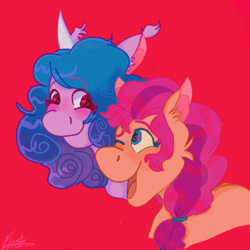 Size: 1080x1080 | Tagged: safe, artist:lovelypidgeon, izzy moonbow, sunny starscout, earth pony, pony, unicorn, g5, 2021, blushing, duo, duo female, female, heart, heart eyes, horn, lesbian, mare, open mouth, open smile, red background, ship:moonscout, shipping, signature, simple background, smiling, wingding eyes