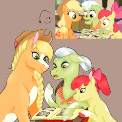 Size: 2048x2048 | Tagged: safe, artist:soapy-bubblz, apple bloom, applejack, granny smith, earth pony, pony, apple family reunion, g4, apple bloom's bow, beige background, bow, braid, braided ponytail, female, filly, foal, grandmother and grandchild, grandmother and granddaughter, hair bow, mare, open mouth, photo album, ponytail, redraw, reference used, screencap reference, simple background, smiling, trio