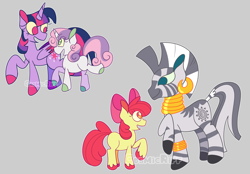 Size: 2048x1423 | Tagged: safe, artist:cosmicriff, apple bloom, sweetie belle, twilight sparkle, zecora, alicorn, earth pony, pony, unicorn, zebra, g4, apple bloom's bow, arm band, bow, colored hooves, colored pinnae, colored sclera, colored wings, colored wingtips, ear piercing, earring, female, filly, foal, gray background, green sclera, hair bow, hooped earrings, horn, jewelry, mare, open mouth, open smile, piercing, raised hoof, simple background, smiling, twilight sparkle (alicorn), unshorn fetlocks, wings, yellow sclera