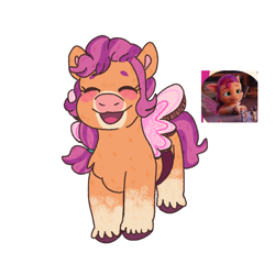 Size: 1080x1080 | Tagged: safe, artist:lovelypidgeon, sunny starscout, earth pony, pony, g5, my little pony: a new generation, spoiler:g5, spoiler:my little pony: a new generation, chest fluff, cute, eyes closed, fake wings, filly, filly sunny starscout, open mouth, open smile, scene interpretation, screencap reference, simple background, smiling, solo, sunnybetes, tail, unshorn fetlocks, white background, younger