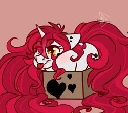 Size: 4608x4064 | Tagged: safe, artist:krissstudios, oc, oc only, oc:yuko, pony, unicorn, :p, absurd resolution, box, eye clipping through hair, eyebrows, eyebrows visible through hair, female, horn, mare, pony in a box, simple background, solo, tongue out