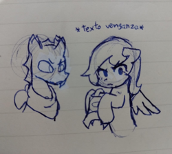 Size: 1600x1424 | Tagged: safe, artist:bloods, oc, oc only, oc:bloods, oc:wasisi, changeling, pegasus, pony, bell, changeling oc, grogar's bell, half body, lined paper, pegasus oc, spanish text, traditional art, unamused