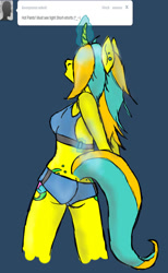 Size: 790x1280 | Tagged: safe, artist:dreamsdoodles, oc, oc only, oc:dream baker, unicorn, anthro, ask, ass, butt, clothes, daisy dukes, ear piercing, female, female oc, glowing, glowing horn, horn, piercing, rear view, shorts, simple background, solo, tank top, tumblr, unicorn oc