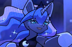 Size: 1992x1303 | Tagged: safe, artist:mugitya012, princess luna, alicorn, pony, g4, ambiguous facial structure, blue background, blue eyelashes, colored eyelashes, cute, cute little fangs, cyan eyelashes, ethereal mane, eye clipping through hair, eyeshadow, fangs, female, hoof shoes, jewelry, makeup, mare, open mouth, open smile, peytral, simple background, smiling, solo, sparkly mane, tiara
