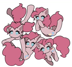 Size: 1109x1042 | Tagged: safe, artist:mugitya012, pinkie pie, earth pony, pony, g4, falling, female, hoof over mouth, lying down, mare, no mouth, no nose, no sclera, on back, poses, simple background, solo, starry eyes, white background, wingding eyes