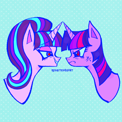 Size: 2000x2000 | Tagged: safe, artist:redactedhaunt, starlight glimmer, twilight sparkle, pony, unicorn, g4, alternate universe, duo, female, horn, lesbian, ship:twistarlight, shipping, unicorn twilight