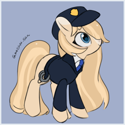 Size: 4096x4096 | Tagged: safe, artist:metaruscarlet, oc, oc only, oc:alice aimoto, earth pony, pony, blue background, clothes, earth pony oc, hat, manacles, necktie, passepartout, police, police hat, police pony, police uniform, simple background, solo