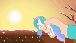 Size: 800x450 | Tagged: safe, artist:doublewbrothers, edit, princess celestia, alicorn, pony, my tiny pony, animated, cute, cutelestia, duo, female, hand, horn, in goliath's palm, light, pointing, raising the sun, roof, size difference, sun, tiny, tiny ponies, tree