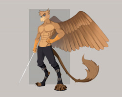 Size: 4400x3500 | Tagged: safe, artist:daxdresden, artist:ilizumi, oc, oc only, oc:grover vi, griffon, anthro, digitigrade anthro, equestria at war mod, anthro oc, athletic, clothes, edging those eaw moderators, emperor, griffon oc, kaiser, male, muscles, muscular male, nudity, partial nudity, side muscle focus, slight change, slight muscle change, solo, sword, tail, talons, topless, weapon, wings