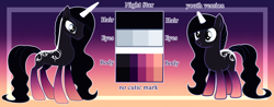 Size: 8120x3192 | Tagged: safe, artist:missmoonlightangel, oc, oc only, oc:night star, pony, unicorn, abstract background, blue eyes, body markings, closed mouth, coat markings, color palette, colored horn, dorsal stripe, eyeshadow, female, gradient background, gradient legs, horn, lidded eyes, makeup, mare, physique difference, reference sheet, slender, smiling, solo, standing, tall, thin