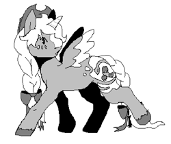 Size: 820x690 | Tagged: safe, artist:beluvbug, applejack, alicorn, pony, g4, alicornified, alternate cutie mark, applecorn, black and white, blushing, braid, braided tail, cowboy hat, digital art, grayscale, hat, horn, monochrome, ms paint, race swap, redesign, simple background, solo, spotted, stetson, strut, tail, two toned coat, unshorn fetlocks, walking, white background