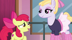 Size: 1280x720 | Tagged: safe, screencap, apple bloom, hoofer steps, earth pony, pony, g4, on your marks, apple bloom's bow, bow, duo, female, filly, foal, hair bow, hoof warmers, looking at each other, looking at someone, mare