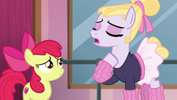 Size: 1280x720 | Tagged: safe, screencap, apple bloom, hoofer steps, earth pony, pony, g4, on your marks, apple bloom's bow, ballet, bow, clothes, duo, eyes closed, eyeshadow, female, filly, foal, hair bow, hoof on chest, hoof warmers, looking at someone, looking up, makeup, mare, smiling, tutu