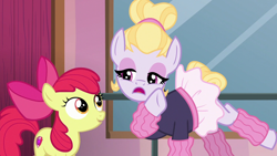 Size: 1280x720 | Tagged: safe, screencap, apple bloom, hoofer steps, earth pony, pony, g4, on your marks, apple bloom's bow, ballet, bow, clothes, duo, eyeshadow, female, filly, foal, hair bow, hoof warmers, lidded eyes, looking at each other, looking at someone, makeup, mare, open mouth, tutu, whispering