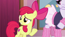 Size: 1280x720 | Tagged: safe, screencap, apple bloom, hoofer steps, earth pony, pony, g4, on your marks, apple bloom's bow, bow, clothes, duo, eyeshadow, female, filly, foal, grin, hair bow, hoof warmers, lidded eyes, looking at someone, makeup, mare, raised hoof, smiling, tutu, waving