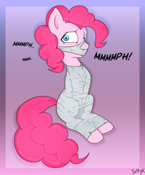Size: 1500x1800 | Tagged: safe, artist:seltiox, pinkie pie, earth pony, pony, g4, bondage, bound and gagged, captured, caught, cocoon, digital art, encasement, female, gag, gradient background, mummification, mummified, peril, restrained, solo, spider web, web gag, wrapped up, wrapping