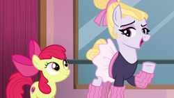 Size: 1280x720 | Tagged: safe, screencap, apple bloom, hoofer steps, earth pony, pony, g4, on your marks, apple bloom's bow, ballet, bow, clothes, eyeshadow, female, filly, foal, hair bow, hoof warmers, looking at each other, looking at someone, makeup, mare, open mouth, open smile, raised hoof, smiling, smiling at each other, tutu