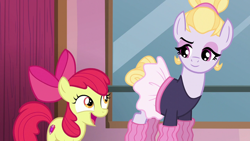 Size: 1280x720 | Tagged: safe, screencap, apple bloom, hoofer steps, earth pony, pony, g4, on your marks, apple bloom's bow, ballet, bow, clothes, cute, duo, eyeshadow, female, filly, foal, hair bow, hoof warmers, lidded eyes, looking at each other, looking at someone, makeup, mare, open mouth, open smile, smiling, smiling at each other, tutu