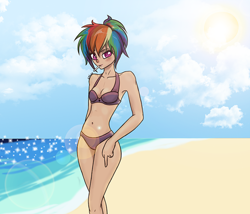 Size: 500x428 | Tagged: artist needed, safe, rainbow dash, human, g4, bare shoulders, beach, belly, belly button, bikini, candy, clothes, collarbone, female, food, humanized, lens flare, lollipop, ocean, slender, solo, sternocleidomastoid, sun, swimsuit, thin, water