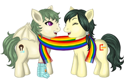 Size: 2605x1714 | Tagged: safe, artist:micaza, oc, oc only, oc:grav, bat pony, earth pony, pony, amputee, clothes, commission, fangs, female, green mane, happy, lesbian, pride, pride flag, prosthetic limb, prosthetics, purple eyes, rainbow scarf, scarf, shared clothing, shared scarf, simple background, striped scarf, white background, ych result, yellow coat