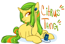 Size: 445x300 | Tagged: safe, artist:clovercoin, oc, oc only, oc:citrus tang, pony, unicorn, earbuds, female, horn, lidded eyes, lying down, mare, music player, orange eyes, prone, simple background, solo, text, turned head, unicorn oc, white background