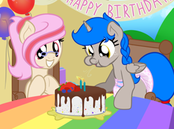 Size: 1774x1316 | Tagged: safe, artist:nitei, oc, oc only, oc:sprite, oc:understudy, alicorn, pony, alicorn oc, balloon, berry, birthday, birthday cake, birthday party, blowing, blowing out candles, blue mane, braid, braided ponytail, cake, candle, celebration, chocolate, chocolate cake, cream coat, cream fur, diaper, diaper fetish, diapered, female, fetish, food, glasses, gray coat, gray fur, grey fur, happy, horn, mare, non-baby in diaper, party, pink mane, ponytail, rainbow tablecloth, show accurate, strawberry, wings