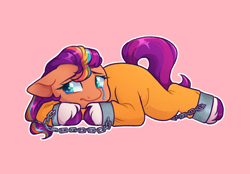 Size: 1170x813 | Tagged: safe, artist:cappugchino, sunny starscout, earth pony, pony, g5, clothes, commissioner:rainbowdash69, crying, cuffed, cuffs, jumpsuit, mane stripe sunny, never doubt rainbowdash69's involvement, pink background, prison outfit, prisoner, prisoner ss, sad, shackles, simple background, solo, sunny sadscout