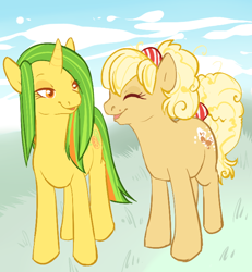 Size: 628x679 | Tagged: safe, artist:clovercoin, oc, oc only, oc:citrus tang, oc:poppy, earth pony, pony, unicorn, duo, duo female, earth pony oc, eyes closed, female, grass, horn, lidded eyes, looking at someone, mare, open mouth, open smile, orange eyes, smiling, standing, unicorn oc