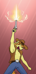 Size: 900x1849 | Tagged: safe, artist:moonatik, braeburn, earth pony, anthro, g4, abs, abstract background, belt buckle, braeburn's hat, clothes, cowboy hat, denim, eye clipping through hair, eyes closed, gun, handgun, hat, jeans, male, muscles, muscular male, open mouth, open smile, pants, revolver, shooting, smiling, smoke, solo, vest, yeehaw