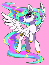 Size: 1199x1599 | Tagged: safe, artist:stacy_165cut, princess celestia, alicorn, pony, g4, colored hooves, colored horn, ethereal mane, ethereal tail, female, flying, gold hooves, hooves, horn, mare, pink background, simple background, solo, sparkly eyes, sparkly mane, sparkly tail, spread wings, tail, wingding eyes, wings