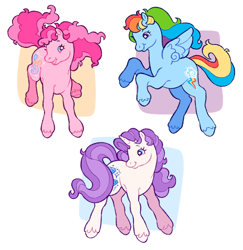 Size: 1988x2048 | Tagged: safe, artist:cocopudu, pinkie pie, rainbow dash, rarity, earth pony, pegasus, pony, unicorn, g2, g4, female, g4 to g2, generation leap, horn, mare, simple background, smiling, starry eyes, style emulation, trio, trio female, white background, wingding eyes