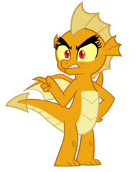 Size: 775x950 | Tagged: safe, artist:queencold, oc, oc only, oc:caldera, dragon, colored sclera, dragoness, female, frown, furrowed brow, pointing, simple background, solo, transparent background, yellow sclera, younger