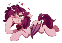 Size: 2250x1550 | Tagged: safe, artist:crimmharmony, oc, oc only, oc:crimm harmony, bat pony, bat pony oc, bat wings, blushing, ears back, folded wings, heart, heart eyes, hoof on cheek, lying down, prone, simple background, smiling, solo, transparent background, wingding eyes, wings