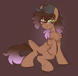 Size: 1588x1558 | Tagged: safe, artist:crimmharmony, oc, oc only, oc:be sharp, earth pony, brown background, colored sketch, glasses, hat, male, raised hoof, simple background, sitting, sketch, smiling, solo