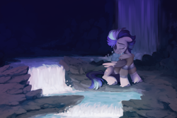 Size: 3000x2000 | Tagged: safe, artist:crimmharmony, oc, oc only, pegasus, blue mane, clothes, commission, crying, dark background, eyes closed, folded wings, jacket, looking down, male, painting, pegasus oc, rock, sad, stallion, water, waterfall, wings