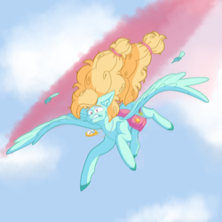 Size: 3000x3000 | Tagged: safe, artist:laughingfranki, oc, oc only, oc:little wish, pegasus, bag, clock, digital art, feather, jewelry, necklace, saddle bag, sky, solo, trail