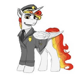 Size: 2000x2000 | Tagged: safe, artist:fire ray, oc, oc only, oc:fire ray, alicorn, pony, unicorn, badge, black tie, buckle, clothes, formal wear, horn, looking at you, male, orange eyes, orange mane, simple background, solar empire, solo, two toned mane, uniform, white background, white coat, wings tucked in, yellow mane