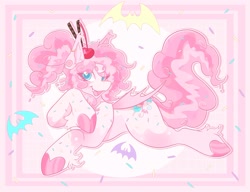 Size: 2485x1909 | Tagged: safe, artist:neapawlitan, oc, oc:cakepop, bat pony, bat pony oc, cherry, food, not pinkie pie, pastel, pink pony, sweet pony