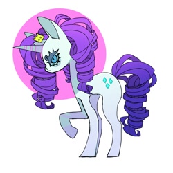 Size: 1134x1134 | Tagged: safe, artist:cutesykill, rarity, pony, unicorn, g4, bags under eyes, beanbrows, big ears, big eyes, blue eyes, blue sclera, colored eyebrows, colored eyelashes, colored horn, colored pinnae, colored sclera, crown, curly mane, curly tail, eyebrows, female, floating crown, frown, horn, jewelry, long legs, long mane, long tail, lyrics in the description, mare, narrowed eyes, passepartout, profile, purple mane, purple tail, raised hoof, regalia, ringlets, simple background, slit pupils, solo, standing, striped horn, tail, thin legs, tiara, white background, white coat