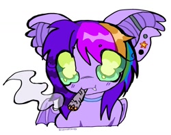 Size: 1199x943 | Tagged: safe, artist:larvaecandy, oc, oc only, oc:lullaby, bat pony, pony, 4/20, :3, bat pony oc, bat wings, beanbrows, big ears, big eyes, blunt, blushing, bust, choker, colored eyebrows, colored pinnae, colored sclera, commission, coontails, cute, cute little fangs, drug use, drugs, dyed hair, dyed mane, ear fluff, ear piercing, ear tufts, eye clipping through hair, eyebrows, eyebrows visible through hair, fangs, female, gauges, green eyes, green sclera, industrial piercing, looking at you, mare, marijuana, mouth hold, multicolored hair, multicolored mane, piercing, purple coat, purple mane, rainbow hair, scene hair, signature, simple background, smiling, smiling at you, smoke, smoke cloud, smoking, solo, white background, wings, ych result