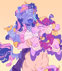 Size: 1450x1654 | Tagged: safe, artist:tottallytoby, princess cadance, twilight sparkle, alicorn, anthro, g4, ahoge, alternate color palette, alternate design, alternate hair color, alternate hairstyle, alternate tail color, arm fluff, blaze (coat marking), blush scribble, blushing, button-up shirt, cheek fluff, chest fluff, clothes, coat markings, colored eartips, colored eyebrows, colored mouth, colored muzzle, colored tongue, colored wings, colored wingtips, cute, daaaaaaaaaaaw, dress, dress shirt, duo, duo female, ear fluff, ear piercing, earring, eyebrows, eyebrows visible through hair, eyelashes, eyes closed, eyeshadow, facial markings, fangs, female, freckles, gown, gradient background, gradient ears, heart eyebrows, holding a pony, holding someone, horn, horn cap, hug, jewelry, leg fluff, leonine tail, makeup, mare, open mouth, open smile, pants, piercing, pink coat, profile, purple coat, purple tongue, raised arm, redesign, shiny mane, shiny tail, shirt, short horn, shoulder fluff, small wings, smiling, socks (coat markings), spread wings, tail, tail fluff, twilight sparkle (alicorn), two toned mane, two toned tail, two toned wings, wall of tags, wing fluff, wing freckles, wings