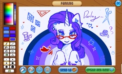 Size: 1653x1007 | Tagged: safe, artist:junniepiepoopop, rarity, pony, unicorn, g4, animal jam, blue eyes, blushing, chest fluff, colored hooves, ear fluff, ear piercing, earring, emanata, female, fetlock tuft, floating heart, front view, glasses, heart, heart ears, horn, jewelry, leg fluff, lidded eyes, lipstick, long horn, long mane, looking at you, mare, piercing, purple lipstick, purple mane, rainbow, raised hooves, rarity's glasses, ruler, scissors, shiny hooves, shiny mane, smiling, smiling at you, solo, sparkles, spool, stars, text, thick eyelashes, unicorn horn, white coat, wingding eyes, yarn, yarn ball