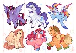 Size: 1500x1043 | Tagged: safe, artist:taffybuns, applejack, fluttershy, pinkie pie, rainbow dash, rarity, twilight sparkle, alicorn, earth pony, pegasus, pony, unicorn, g4, :3, :<, alternate color palette, alternate design, alternate hairstyle, applejack's hat, applejacked, bandana, blaze (coat marking), blonde mane, blonde tail, blue coat, blue eyes, blushing, body freckles, chest fluff, coat markings, colored belly, colored ears, colored hooves, colored muzzle, colored pinnae, colored wings, colored wingtips, concave belly, cowboy hat, eye clipping through hair, eyebrows, eyebrows visible through hair, eyeshadow, facial markings, female, fetlock tuft, flower petals, flying, freckles, frown, gradient legs, gray coat, green eyes, group, hair accessory, hat, height difference, horn, leg fluff, long mane, long tail, looking away, looking back, makeup, mane six, mare, multicolored eyes, multicolored hair, multicolored mane, multicolored tail, muscles, neckerchief, no catchlights, open mouth, open smile, orange coat, pale belly, patterned background, physique difference, pink coat, pink mane, pink tail, ponytail, prancing, profile, purple coat, purple eyes, purple mane, purple tail, rainbow hair, rainbow tail, raised hoof, raised leg, rear view, red eyes, redesign, sextet, short hair rainbow dash, short horn, short mane, short tail, signature, sitting, smiling, socks (coat markings), sparkles, sparkly mane, sparkly tail, spread wings, standing, straight mane, straight tail, tail, tail accessory, tied mane, tied tail, twilight sparkle (alicorn), two toned eyes, two toned mane, two toned tail, two toned wings, unicorn horn, unshorn fetlocks, wall of tags, wing freckles, wings, wings down, yellow coat